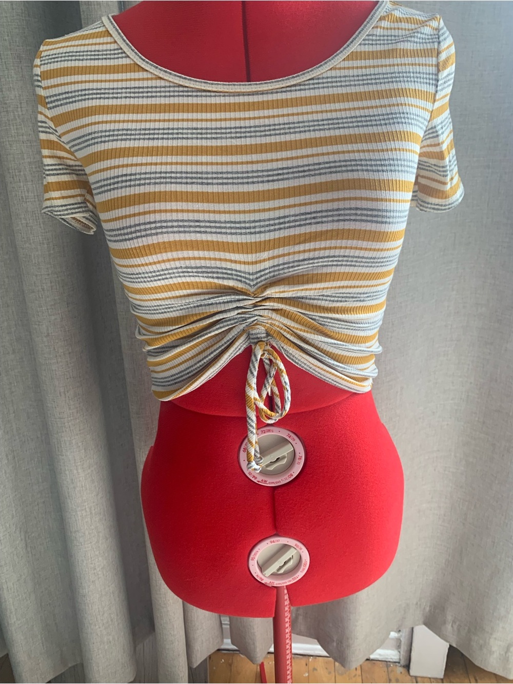 Guess Striped Yellow White and Gray Ruched Tie-Front Crop Top
